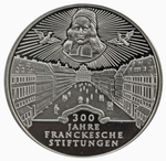 10 марок. 300 лет Франкскому благотворительному фонду (G). Серебро. 1998 г. PROOF. В родной запайке