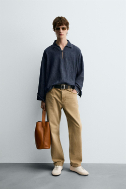 ZARА ДЖИНСОВАЯ РУБАШКА ИЗ ХЛОПКА И ЛЬНА, ВЫЦВЕТШИЙ СИНИЙ