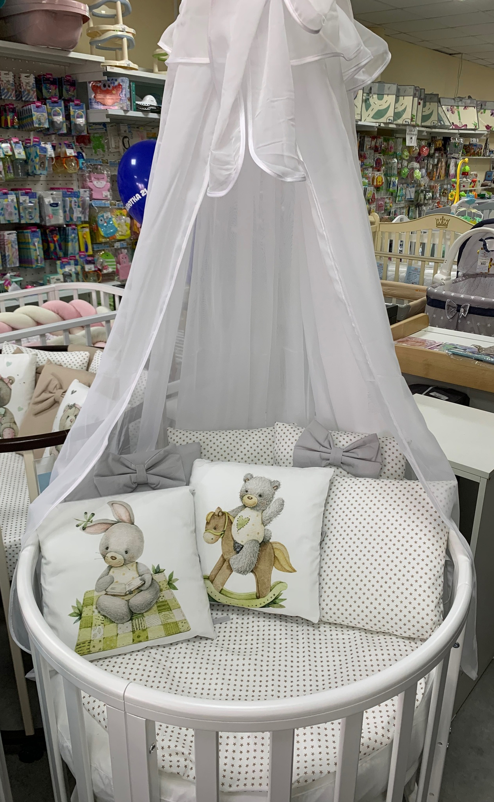 Комплект в кроватку 18 предметов "Мишка на качалке с кроликом серый", сатин