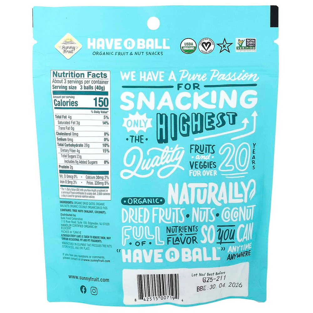 Sunny Fruit, have A Ball™, органические снеки с фруктами и орехами, инжир и грецкий орех, 126 г (4,4 унции)