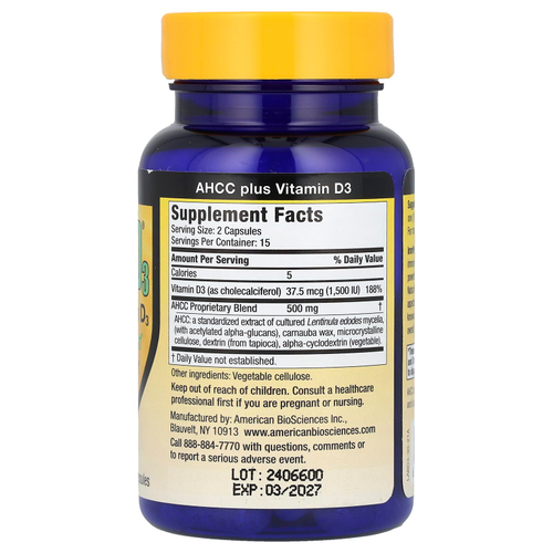 American Biosciences, ImmPower® D3, AHCC® с витамином D3, 30 вегетарианских капсул