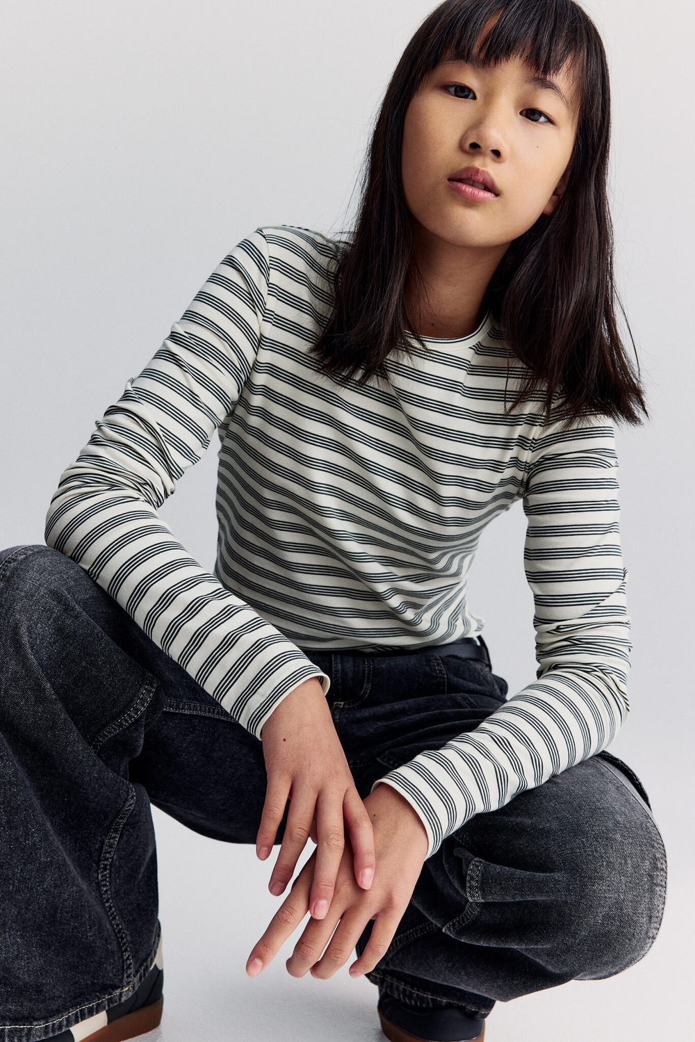 H&M Лонгслив с длинным рукавом с принтом, белый/серый