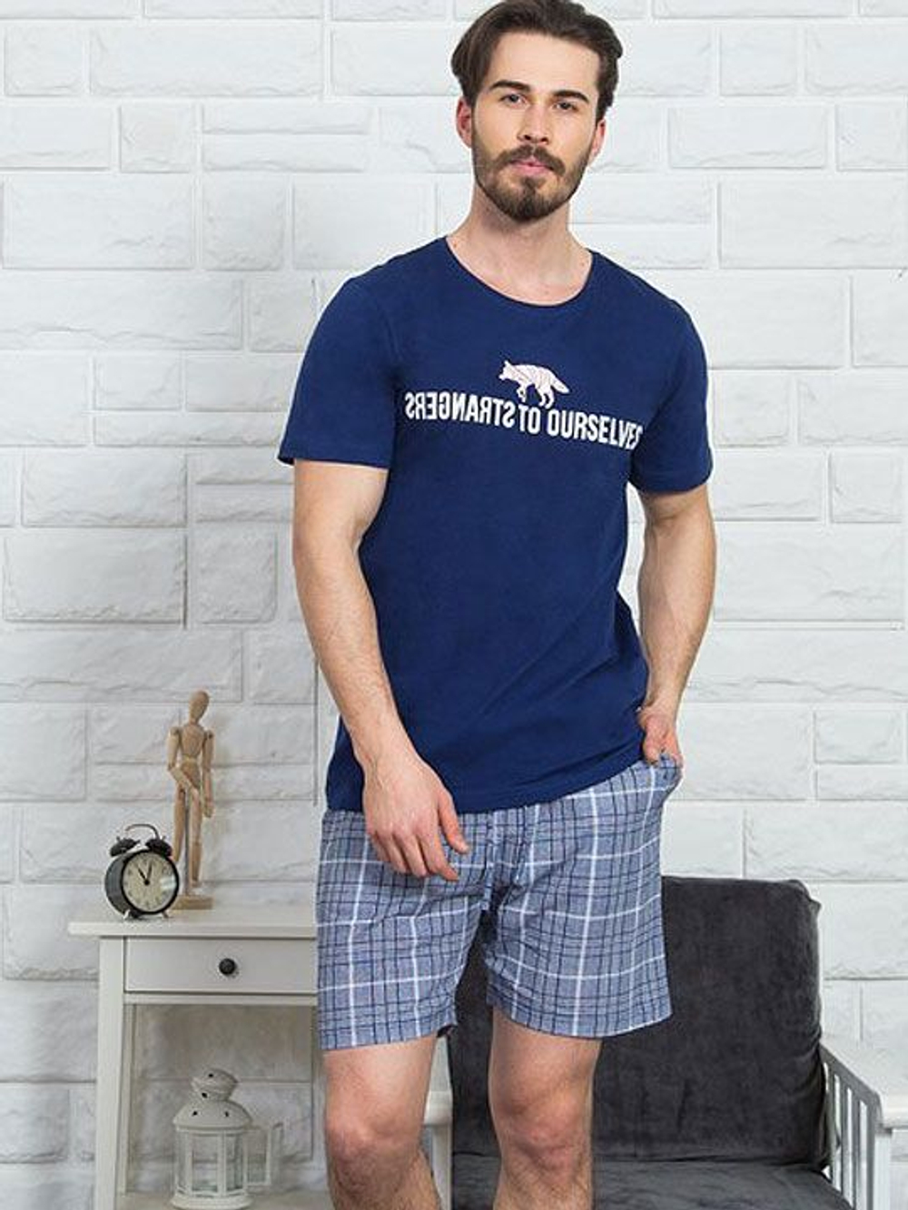 Мужской комплект с клетчатыми шортами (Размер: 4X) (Цвет: темно-серый)