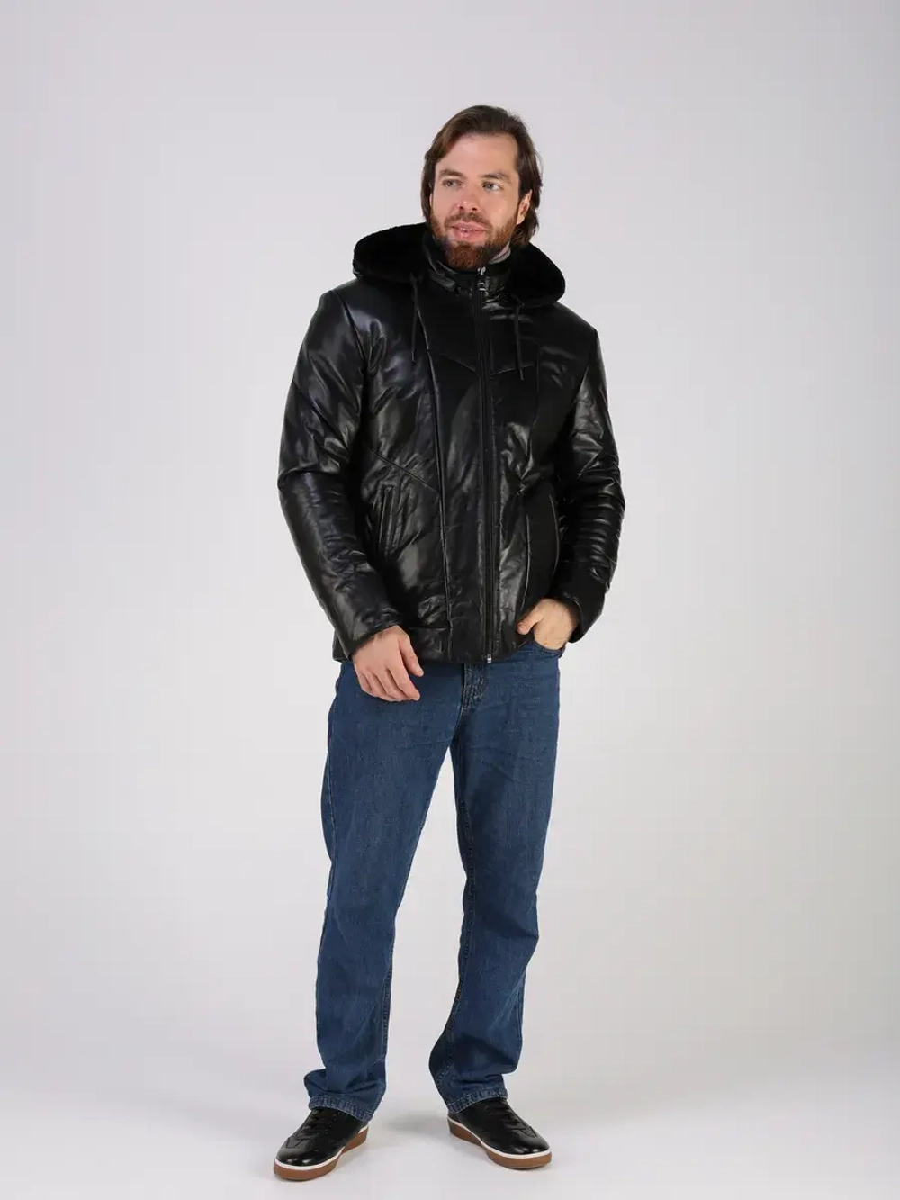 Куртка зимняя кожаная с капюшоном пуховик