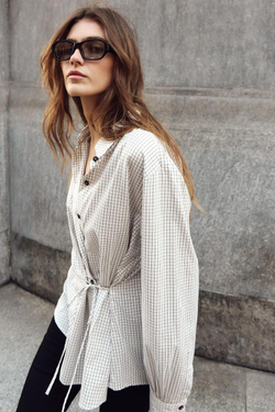 ZARA РУБАШКА В КЛЕТКУ С БАНТОМ, КОРИЧНЕВЫЙ/БЕЛЫЙ