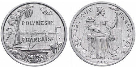 Французская Полинезия 2 франка, 1973 - 2020 Минерва XF