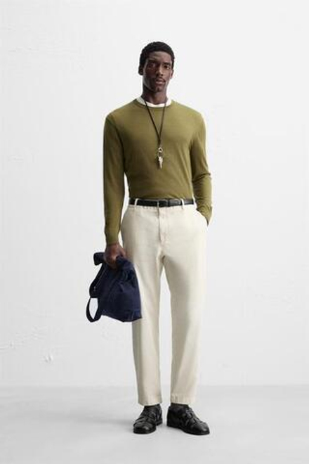 ZARA БРЮКИ ЧИНОС ИЗ ТВИЛА, ЖЕЛТОВАТО-БЕЛЫЙ