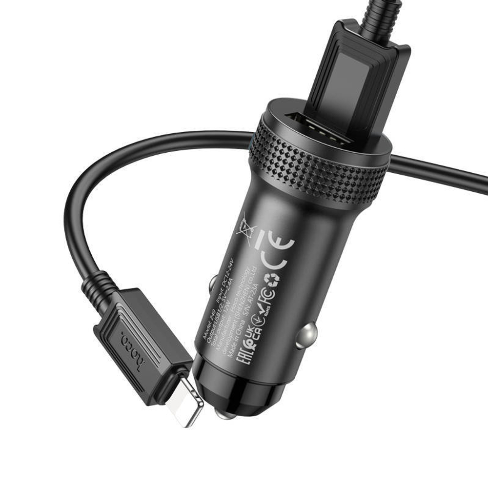 Автомобильная зарядка HOCO-Z49 12/24В-2.4А с кабелем Lightning