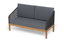 "Канны" диван 2-местный плетеный из роупа, основание дуб, роуп темно-серый круглый, ткань темно-серая 027