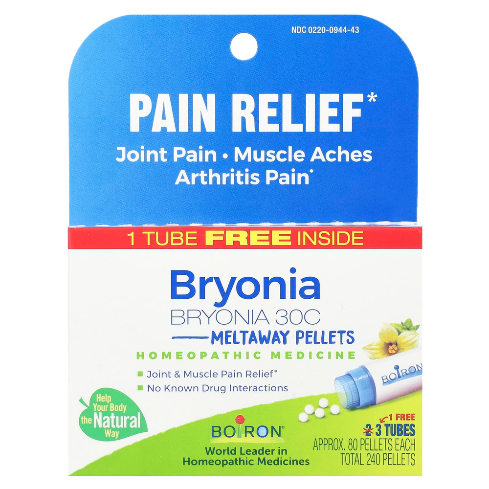 Boiron, Bryonia, обезболивающее, гранулы для рассасывания, 30C, 3 упаковки по 80 гранул