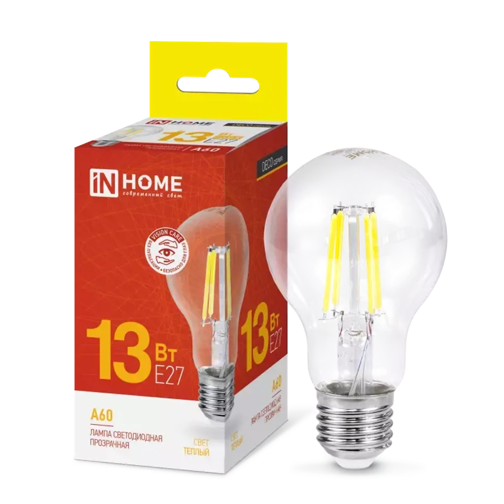 Лампа светодиодная LED-A60-deco 13Вт 230В Е27 3000К ТЕПЛЫЙ 1370Лм прозрачная IN HOME