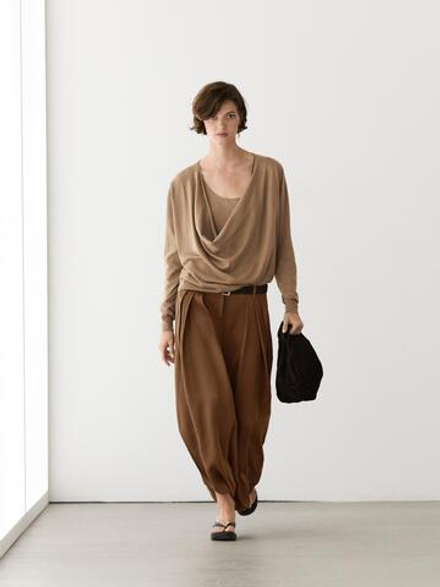 Massimo Dutti Свитер из смесового хлопка с драпированным вырезом, цвет верблюжьей шерсти