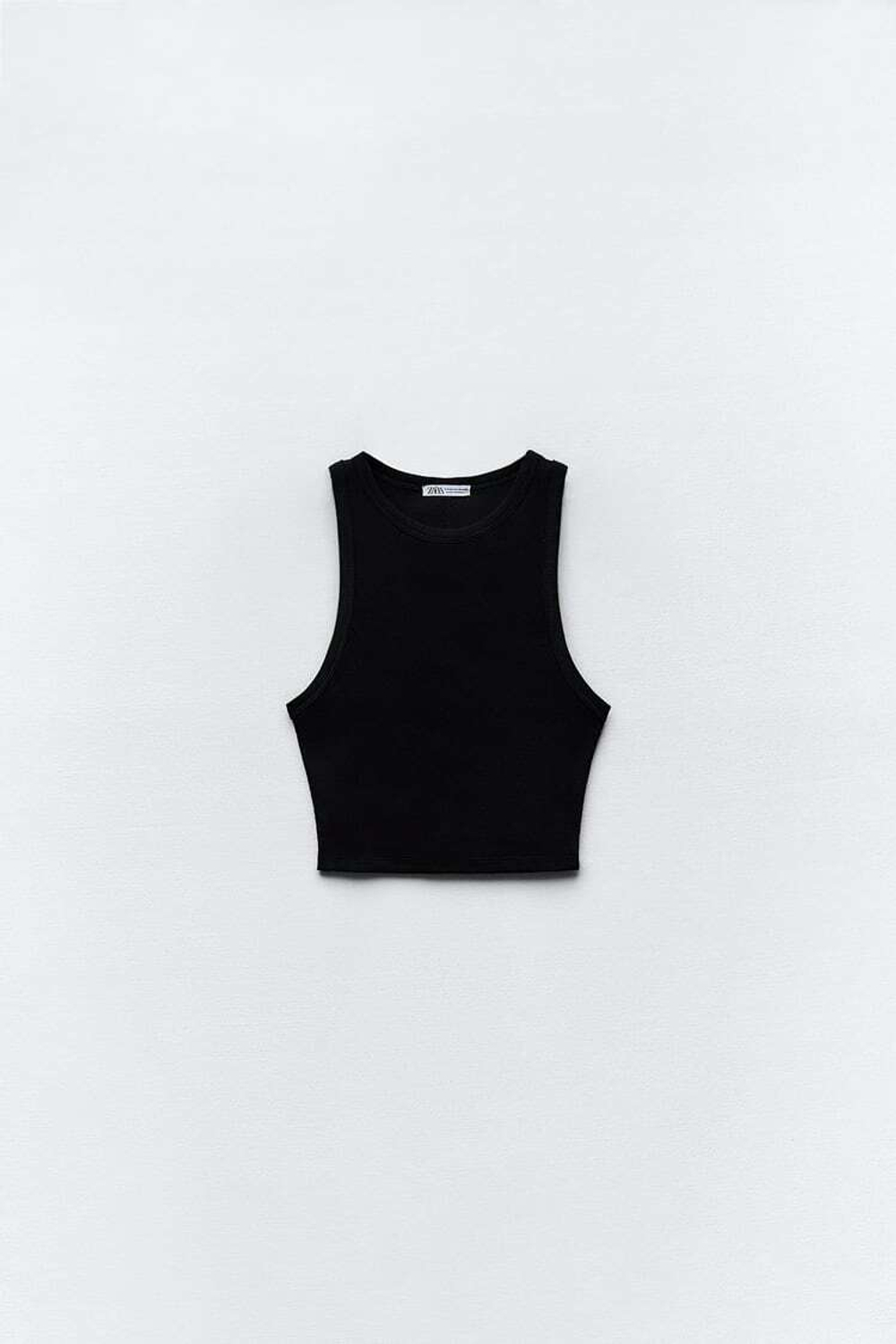 ZARA УКОРОЧЕННЫЙ ТОП В РУБЧИК С ГОРЛОВИНОЙ ХАЛТЕР, ЧЕРНЫЙ