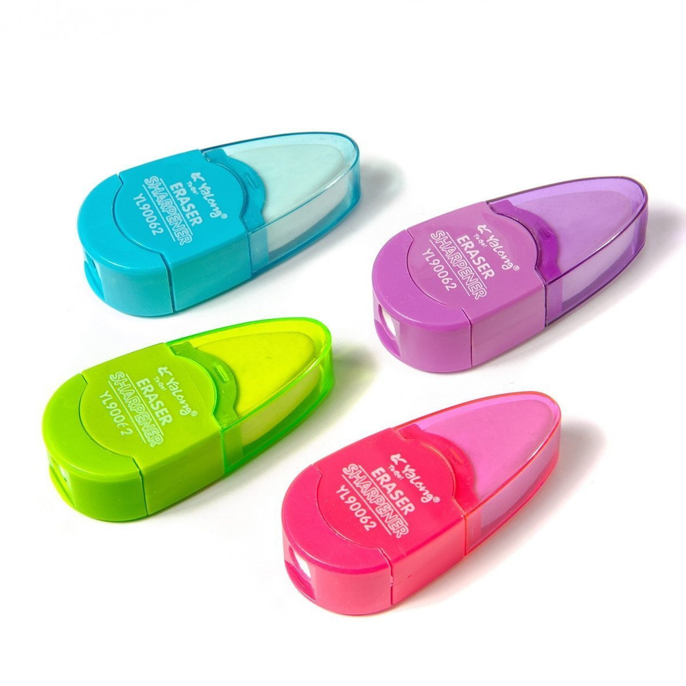 Точилка пластиковая с ластиком Yalong, 1 отверстие, контейнер, ассорти, картонная упаковка
