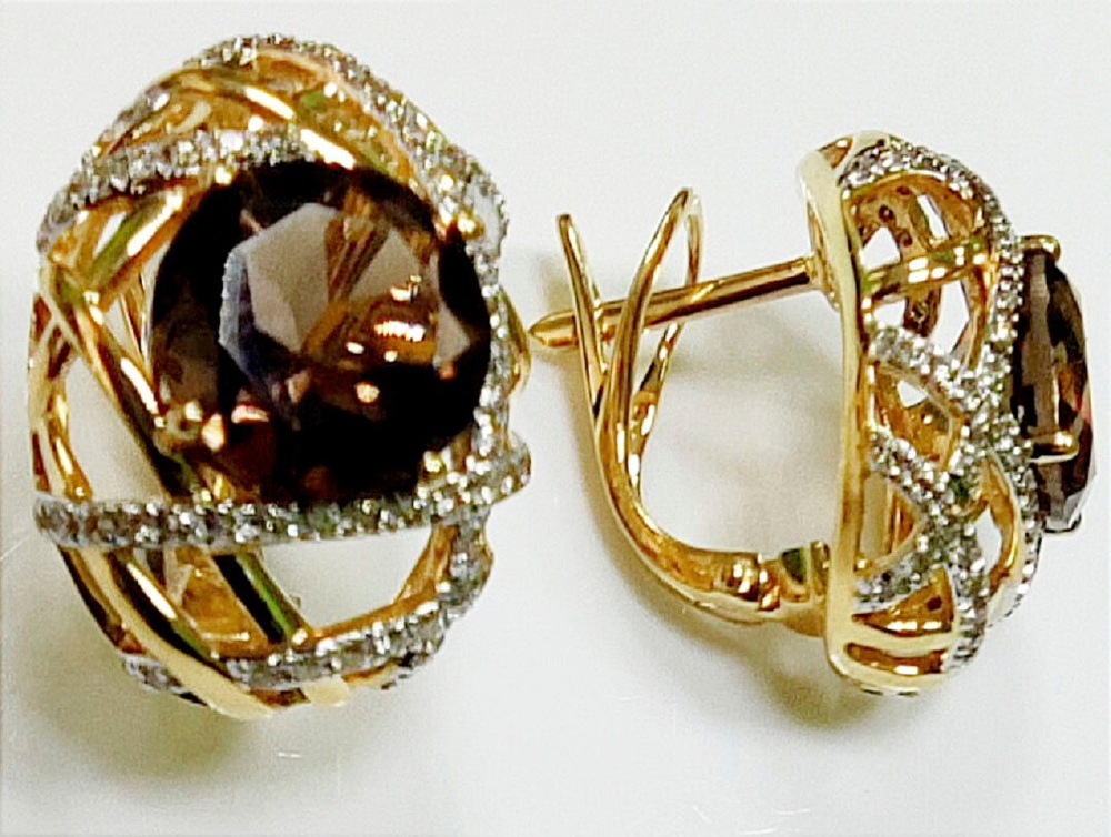 Серьги Эстерелла золото 585 бриллиант, раухтопаз