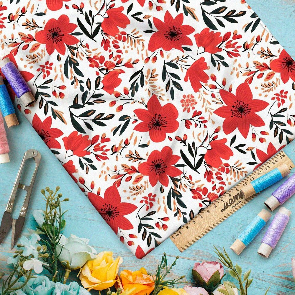 Ткань премиум сатин яркие красные цветы