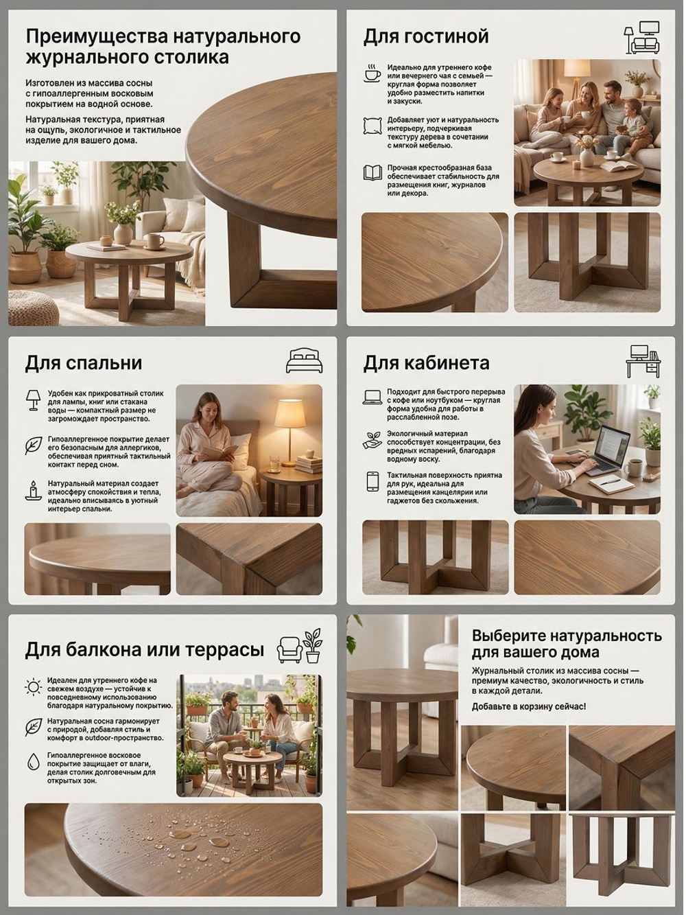 Журнальный столик, 80х80х45, Куклей, кухонный, круглый, из массива сосны, серый, Dipriz