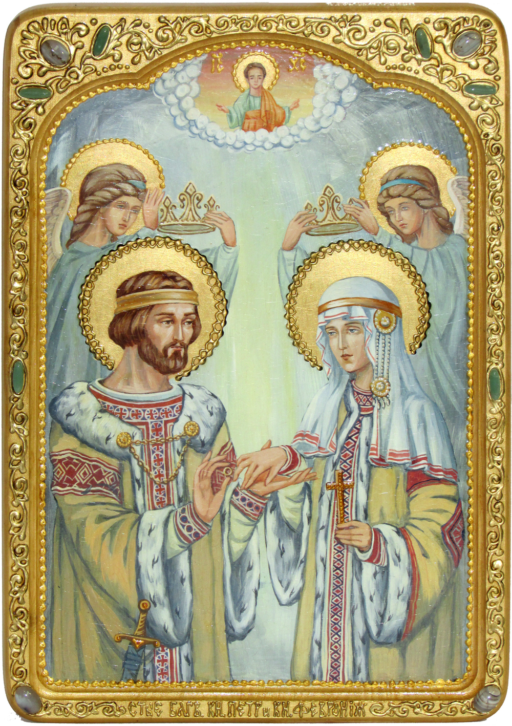 Инкрустированная живописная икона Петр и Февронья 42х29см на натуральном кипарисе в подарочной коробке