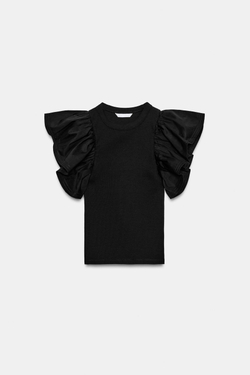 ZARA ФУТБОЛКА В РУБЧИК С ВОЛАНАМИ, ЧЕРНЫЙ