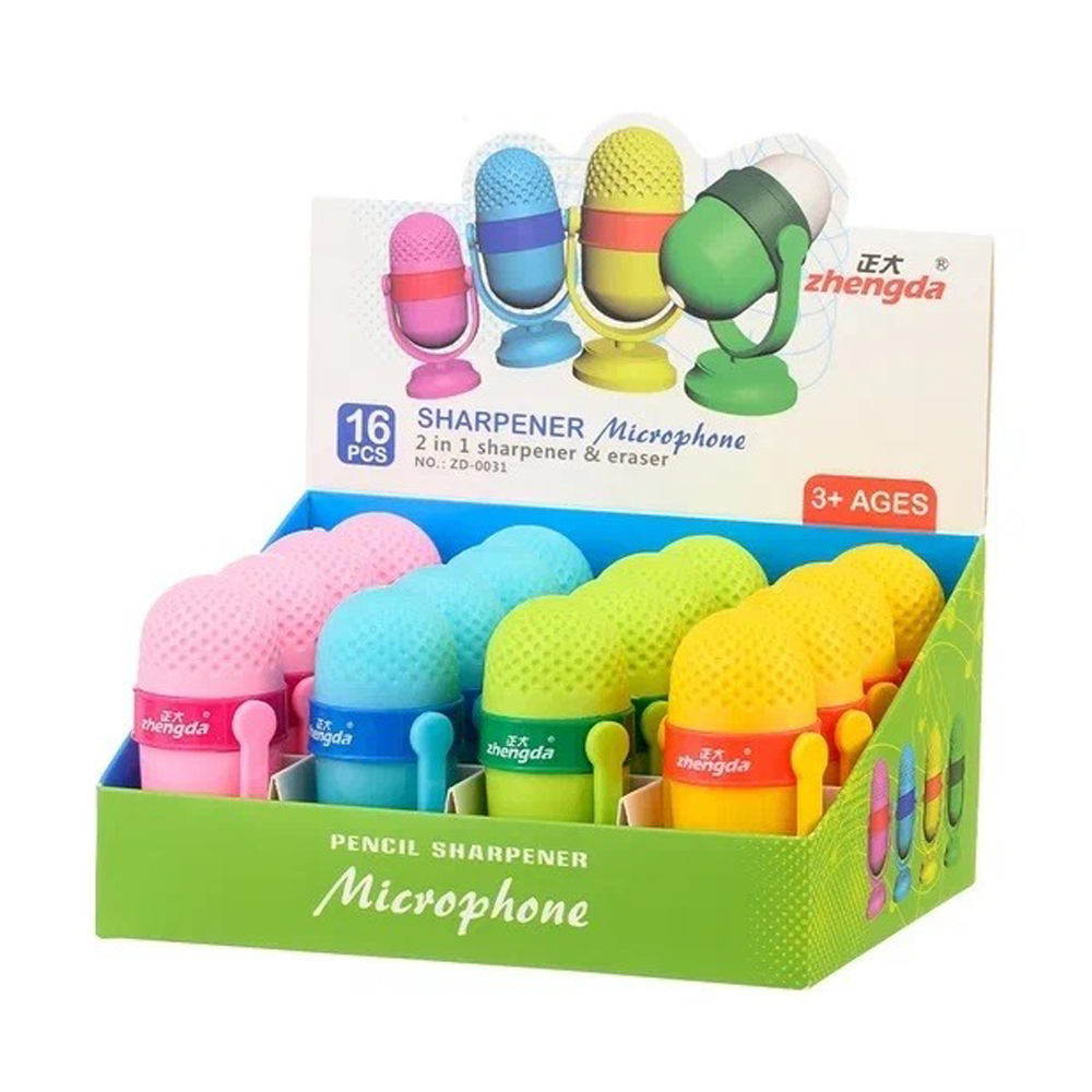 Точилка с ластиком Basir, одинарная, с контейнером, серия "Микрофон", 4 цвета корпуса, с крышкой, 7.5*4 см