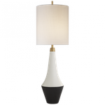 Neale Table Lamp in White Leather and Satin Black with Cream Linen Shade