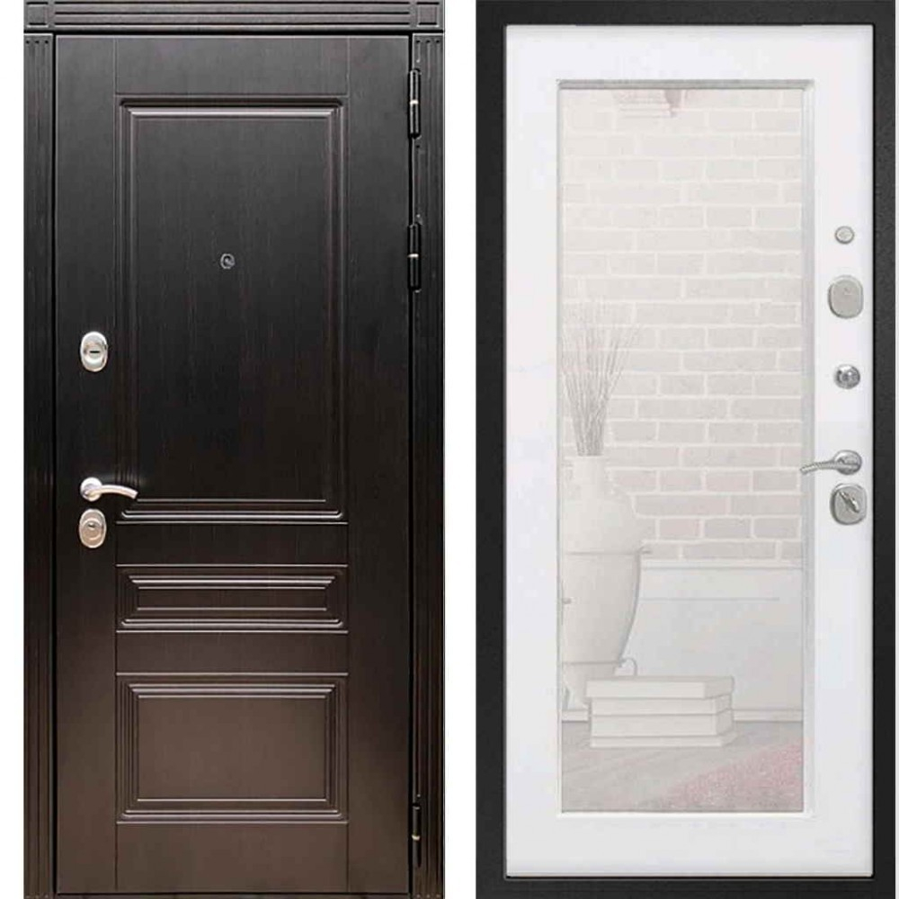 Входная металлическая дверь с зеркалом ReX (Рекс) 17 Венге Мегаполис / зеркало пастораль Силк сноу (белый матовый, без текстуры) 16мм