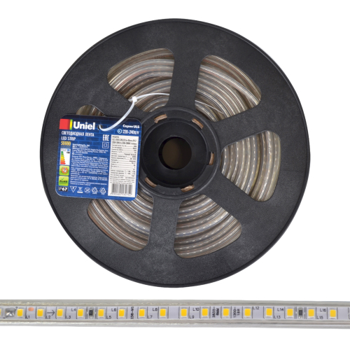 ULS-2835-120LED/m-10mm-IP67-220V-10W/m-50M-3000K Светодиодная гибкая герметичная лента. Бобина 50 м. Теплый белый свет (3000K). TM Uniel.