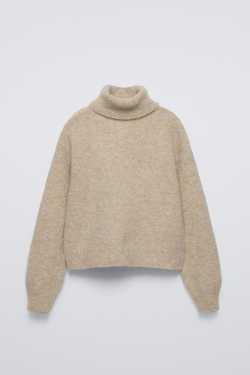 ZARA ВЯЗАНЫЙ СВИТЕР С ВЫСОКИМ ВОРОТОМ, СЕРО-КОРИЧНЕВЫЙ