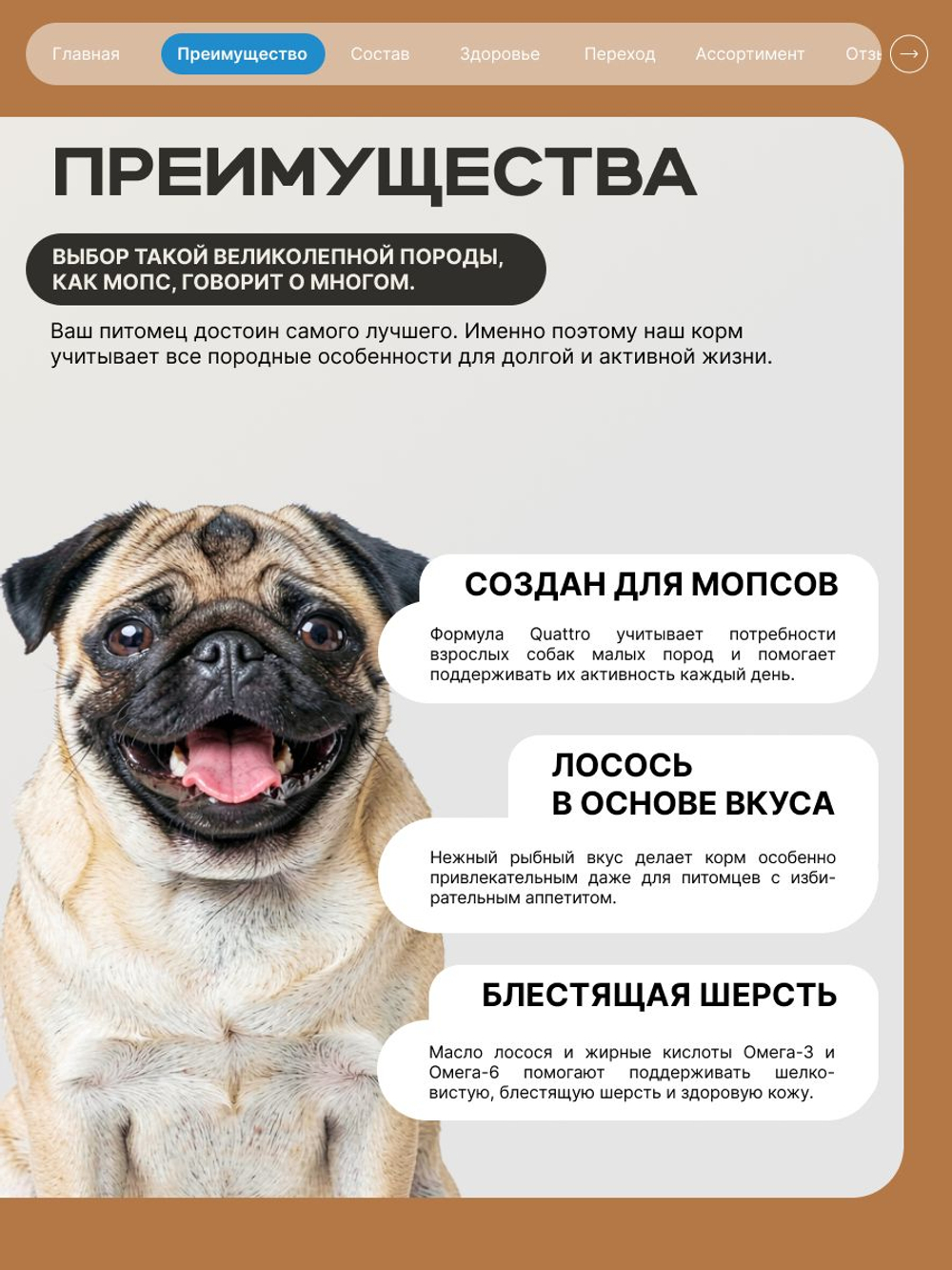 Корм сухой для взрослых собак породы Мопс, с лососем, 6 кг, QUATTRO