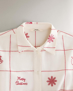 ZARA HOME ПИЖАМНАЯ РУБАШКА С ВЫШИВКОЙ, ЖЕЛТОВАТО-БЕЛЫЙ