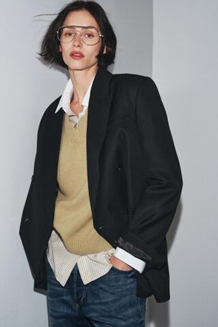 ZARA БЛЕЙЗЕР ИЗ СМЕСОВОЙ ШЕРСТИ В ПОЛОСКУ, ЧЕРНЫЙ