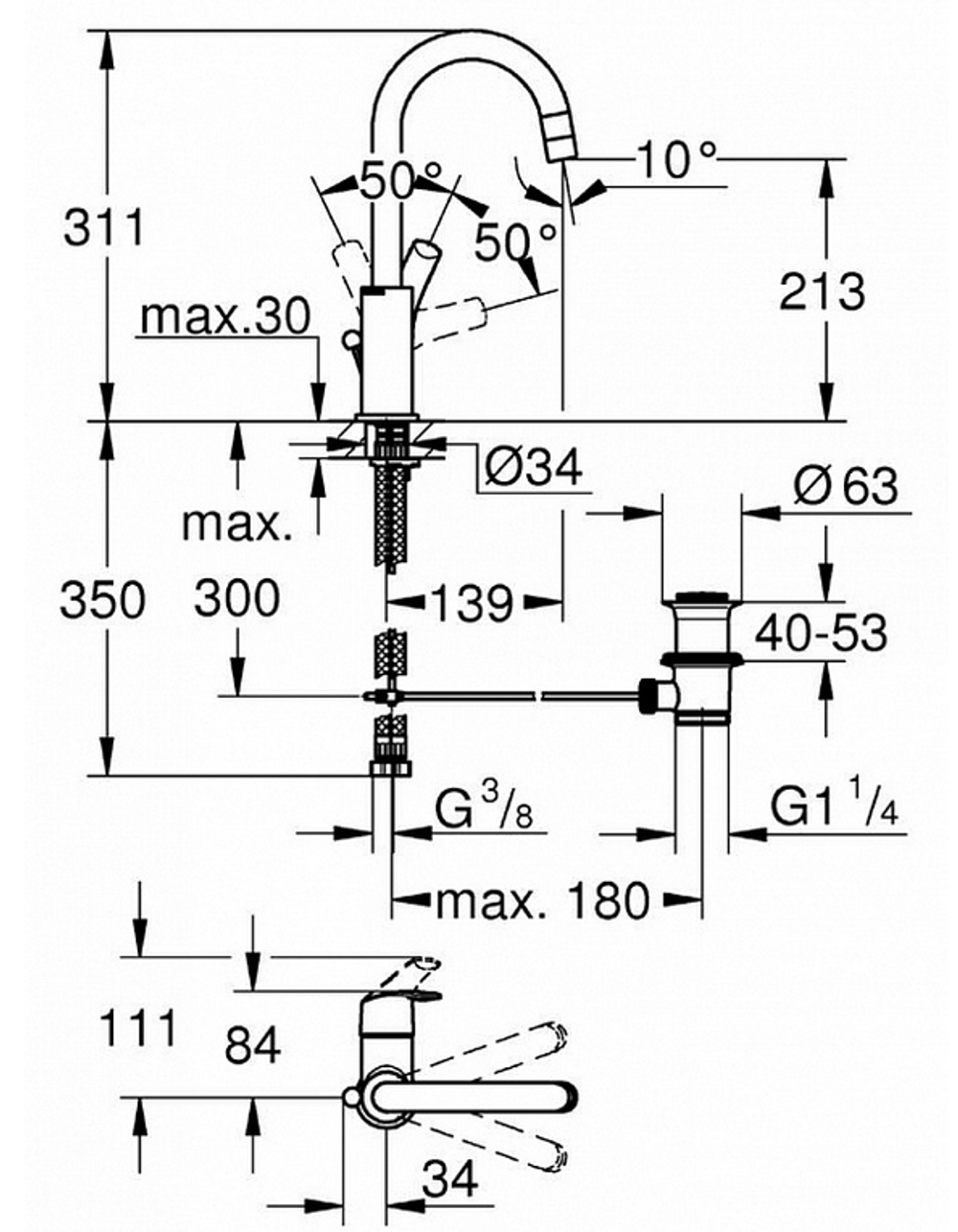 Смеситель для мойки/кухни высокий GROHE EuroSmart, боковой, хром, L-Size 23537002