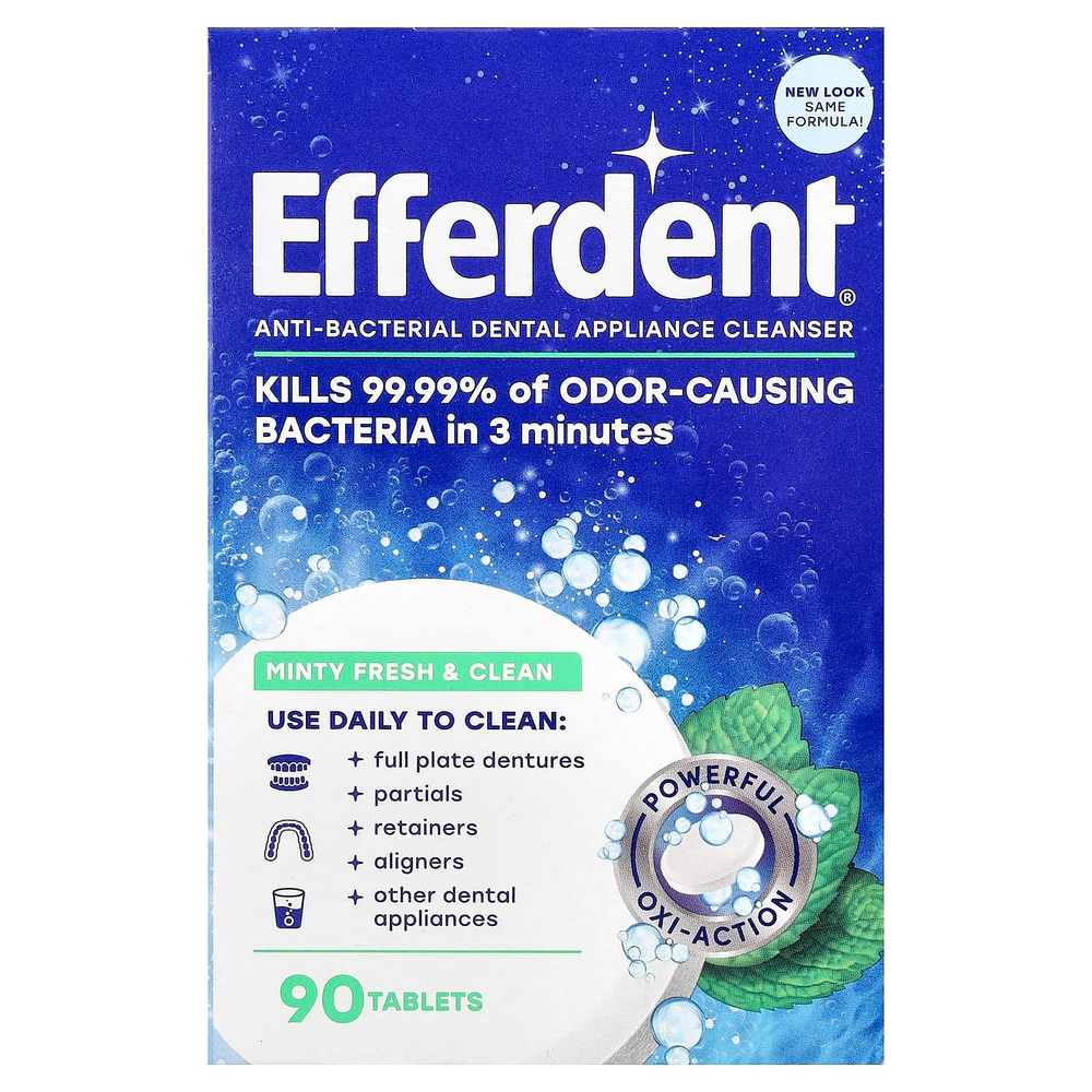 Efferdent, Антибактериальное очищающее средство для зубов, мятный свежий и чистый, 90 таблеток