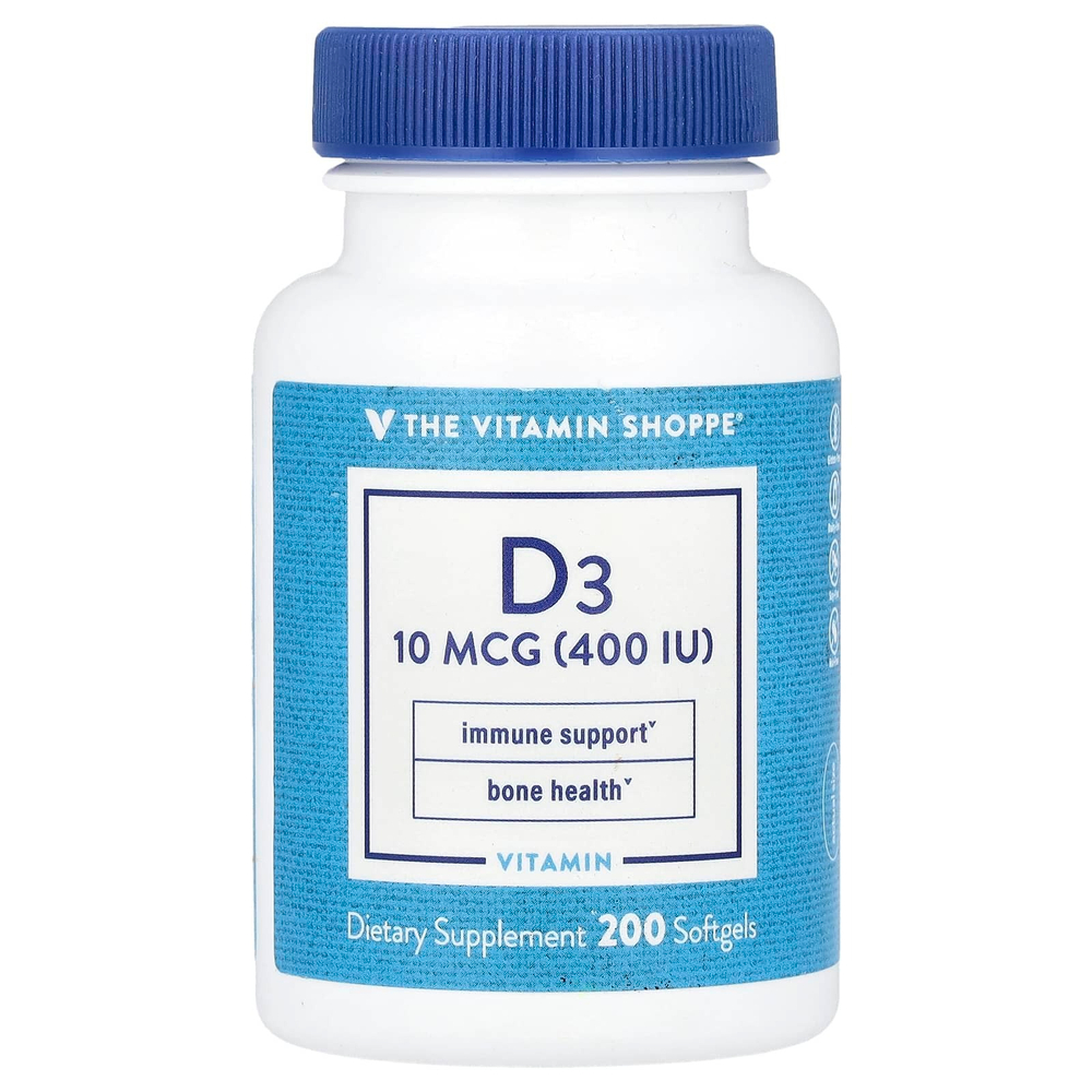 The Vitamin Shoppe, Витамин D3, 10 мкг (400 МЕ), 200 мягких таблеток