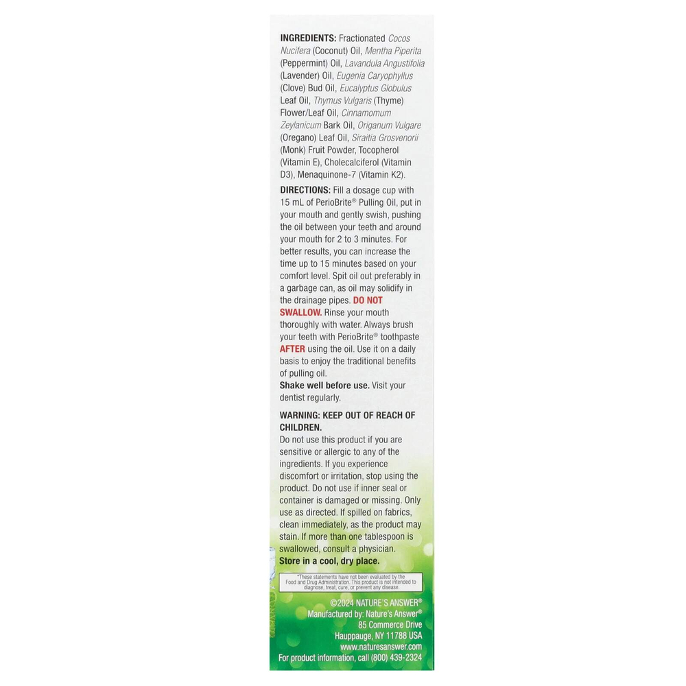 Nature's Answer, PerioBrite кокосовое масло для вытягивания со скребком для зубов и языка, холодная мята, 240 мл (8 жидк. унц.)