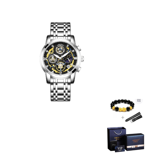 ABORNI Quartz Movement Stainless Steel Watchband Watch Men"s Watches Black Dial