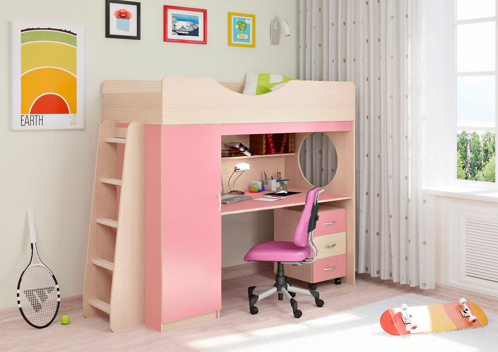 Кровать-чердак КарИВи Легенда 9.2  Дуб Молочный Розовый