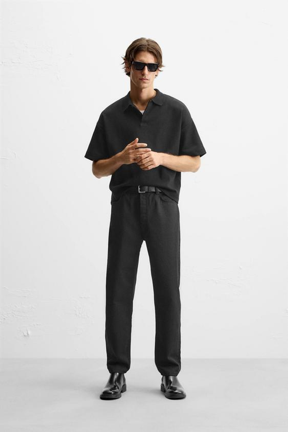 ZARA ПОЛО REGULAR FIT INTERLOCK, ЧЕРНЫЙ