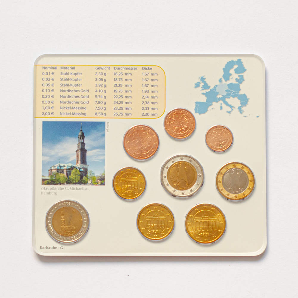 Germany 2008 Year Set (A, D, F, G, J) + 5 x 2 Euro: "St. Michaelis' Church (Hamburg)"