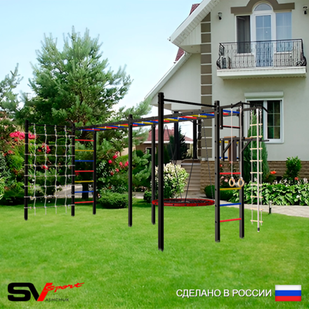 Уличная шведская стенка Sv Sport рукоход х 2 с комплектом турник прямой 2шт У52466 (Турник/Брусья/Гнездо 80см/Канат/кольца/лестница/Сетка)