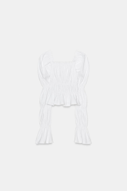 ZARA ТОП С ЭЛАСТИЧНЫМИ СБОРКАМИ И ОБЪЕМНЫМИ РУКАВАМИ, БЕЛЫЙ