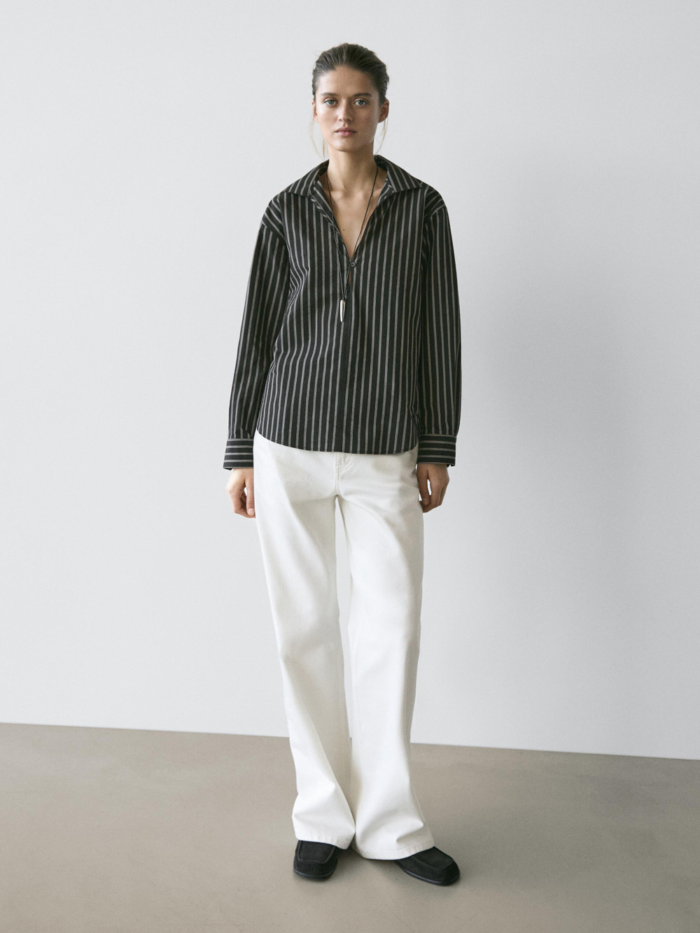 Massimo Dutti Рубашка из смесового хлопка в полоску, черный