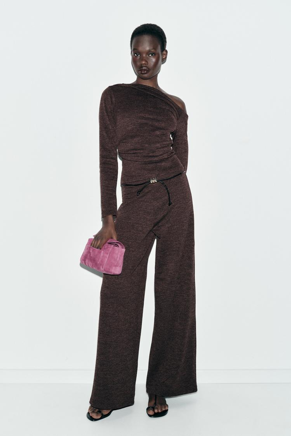 ZARA БРЮКИ-ПИКЕ С ПОЯСОМ, ТЕМНО-КОРИЧНЕВЫЙ