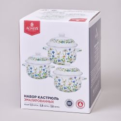 НАБОР КАСТРЮЛЬ AGNESS ЭМАЛИРОВАННЫХ СЕРИЯ "SENTIMENT", 6ПР. 1,5/2,8/3,6Л, 16Х10/20Х12/22Х13СМ