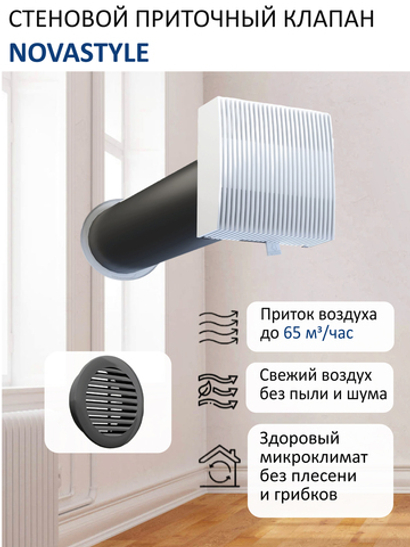Приточный клапан шумозащитный NovaSTYLE КИВ-125 с квадратным оголовком, с трубой 0,5 м, решеткой RAL7024, серой