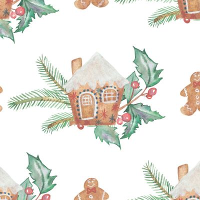 Watercolor hand painted winter holiday seamless pattern with gingerbread house, man cookies, red holly berries and leaves, green fir branches composition for new year, christmas decor
