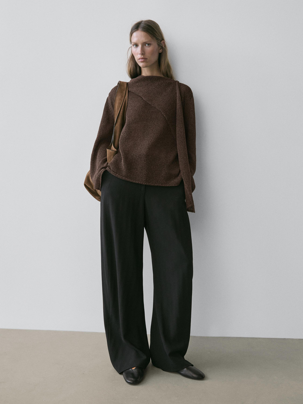 Massimo Dutti Свитер-накидка из смесового хлопка, шоколадный