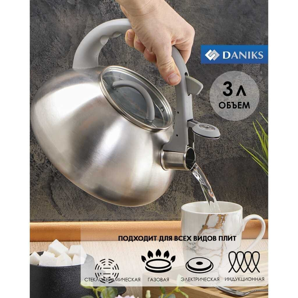Чайник для плиты 3л нержав. логотип меняет цвет Daniks, DSC-8801