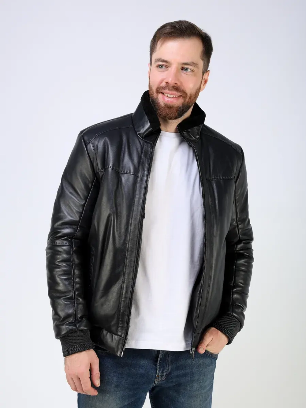 Куртка пуховик из натуральной кожи утепленная короткая