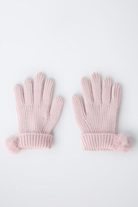 ZARA ТРИКОТАЖНЫЕ ПЕРЧАТКИ С ПОМПОНОМ, РОЗОВЫЙ